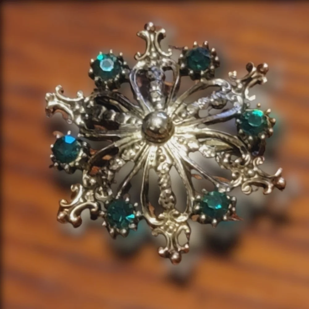 French brooch vintage couture  flower crystal green